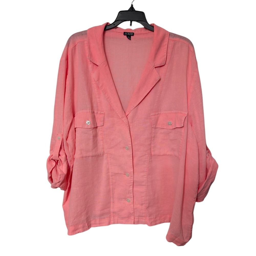 J.Crew Camp-Collar Shirt in Featherweight Coral Pink Linen Cotton Roll-Tab 22